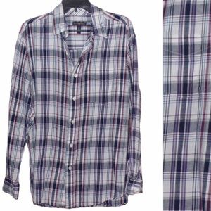 Club Room Mens Medium Button Up Shirt Plaid Blue Red White Cotton Long Sleeves